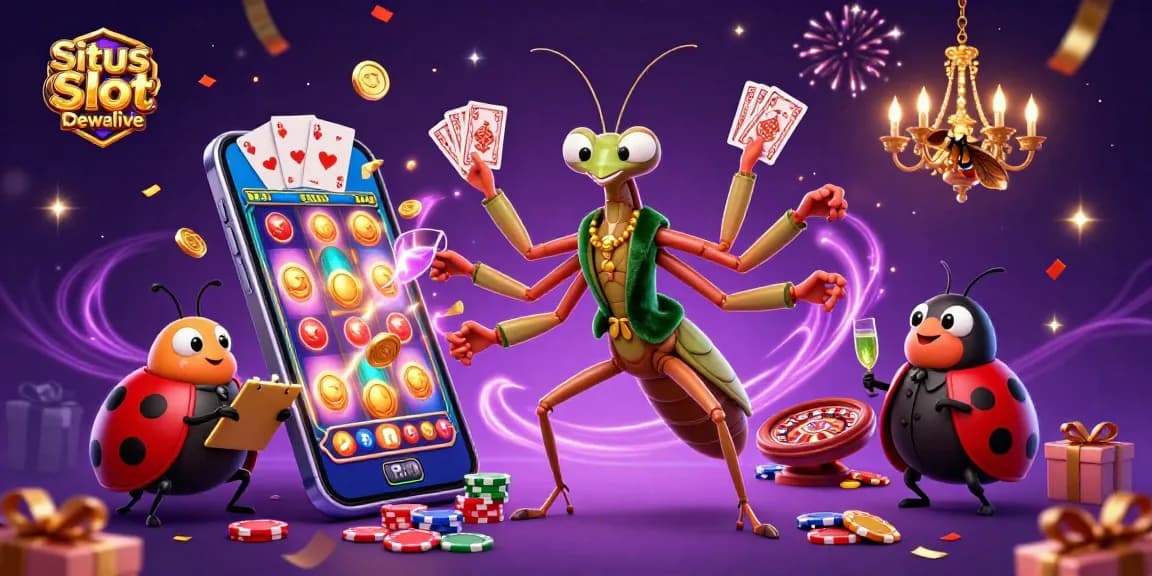 Situs Slot Gacor Dewalive demonstrates thrilling gaming action with a vibrant illustration of a giant mantis dealing cards, surrounded by slot game elements.