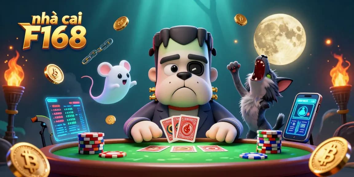 Engage with nhà cái F168 in a thrilling card game scene atop a spooky table.