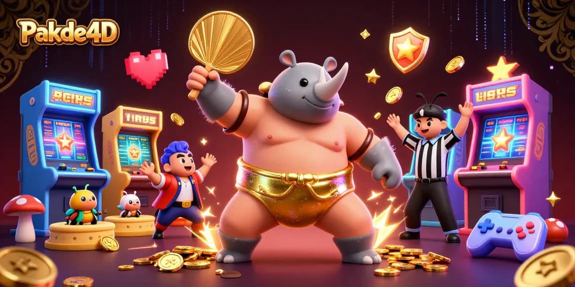 Pakde4D showcases a lively 3D scene of a beetle sumo champion as coins scatter during gameplay.