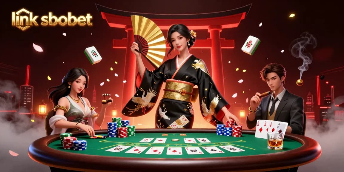 Place your bets on link sbobet with an elegant Asian woman in an artistic casino scene.