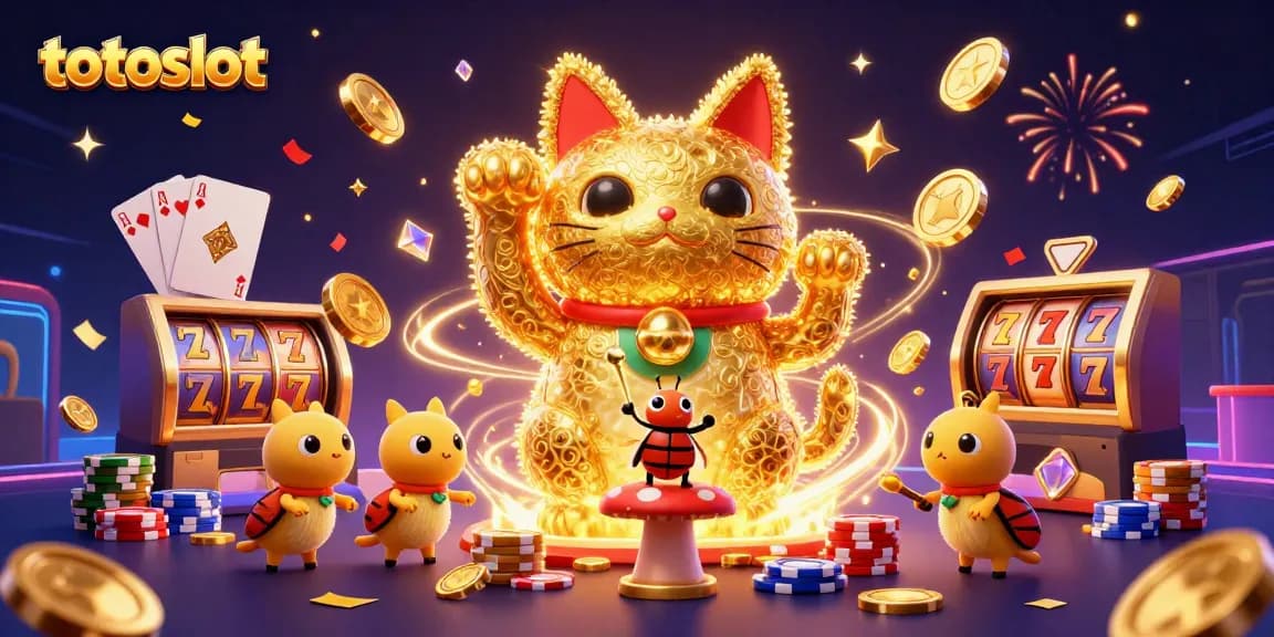 Totoslot features a vibrant, 3D scene with a lucky cat and conductor beetle amid casino symbols, creating winning excitement.