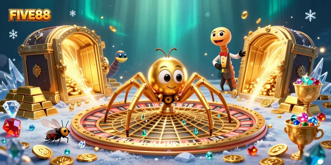 Experience the thrilling bets at FIVE88 with a cartoon scene featuring golden spider and treasures.