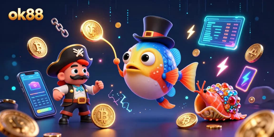 Engage with ok88's thrilling theme as an anglerfish and friends attract crypto rewards in this 3D illustration.