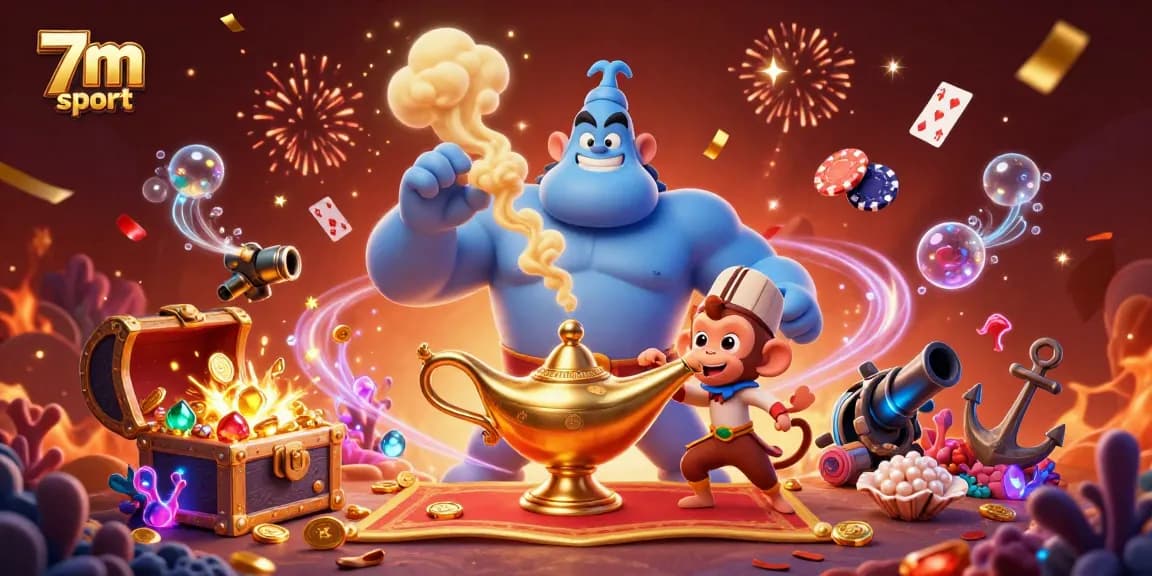 Experience the excitement of 7m sport with a dynamic cartoon scene featuring a genie, monkey, and magic carpet.