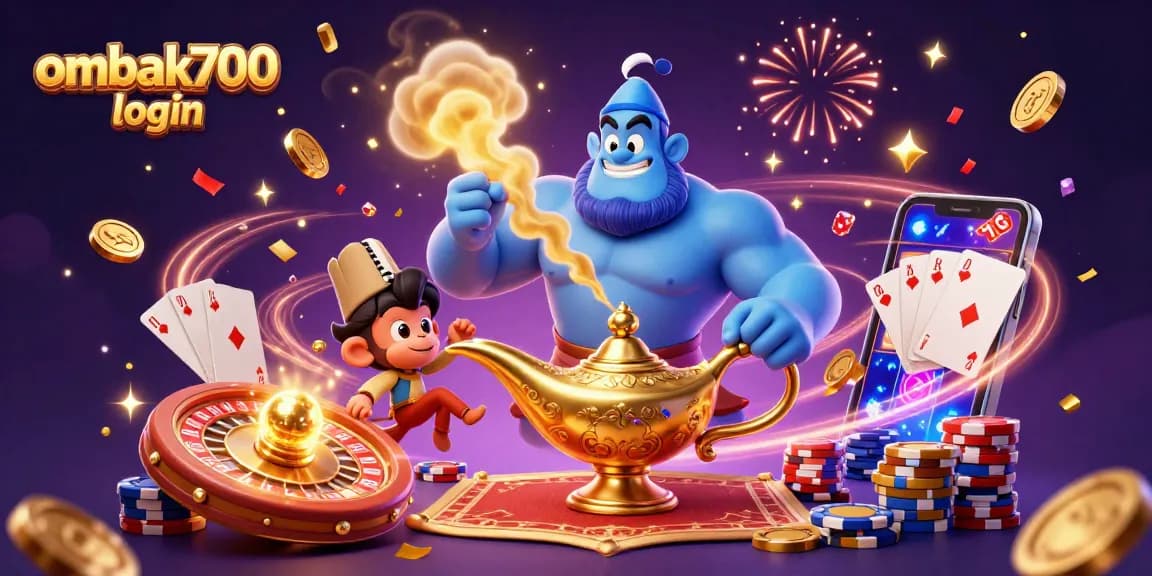 Gambar ombak700 login menampilkan lampu jin dan karakter kasino yang meriah.