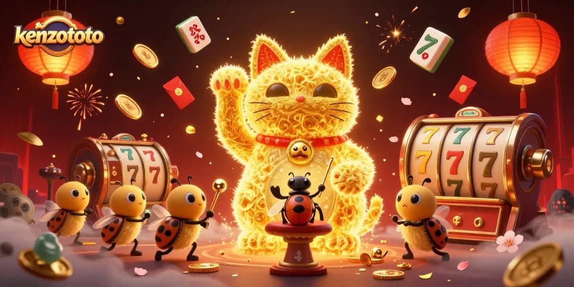 Kenzototo players enjoy a vibrant casino experience with golden fireflies, jackpot symbols, and festive elements.