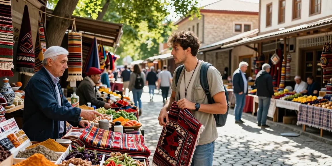 Vibrant market scene in Georgia with traveler and local vendor, xgeorgia cultural exploration.