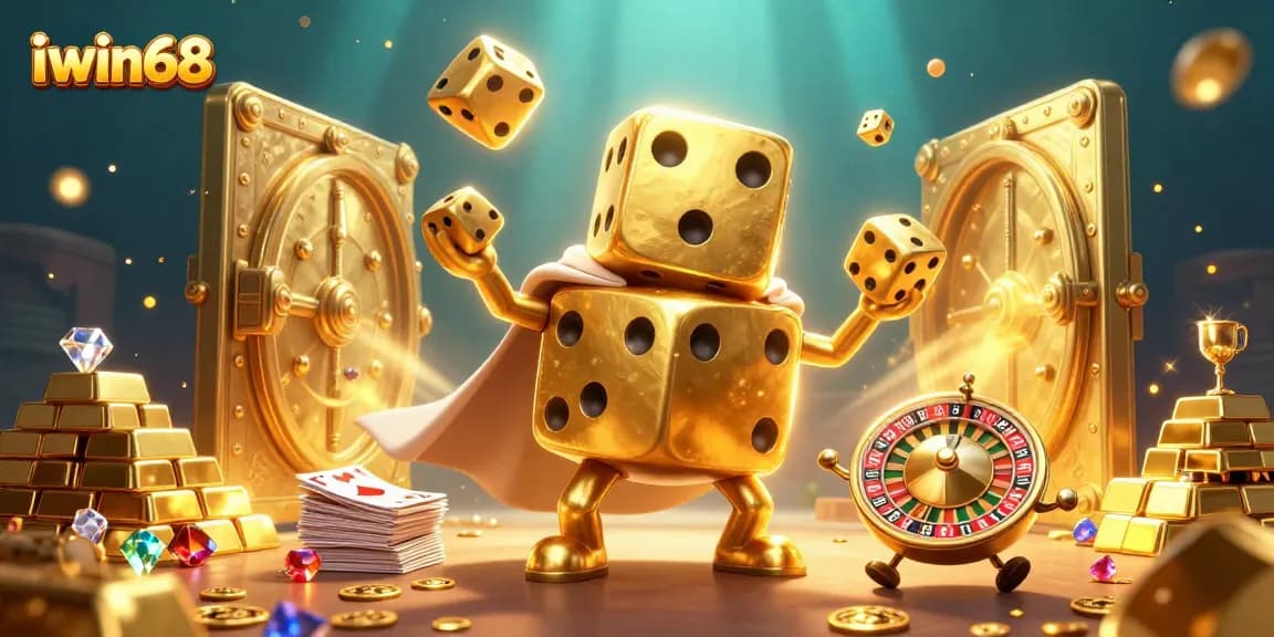 Witness the excitement of iwin68 with animated golden dice, gold treasures, and vibrant game elements in a casino scene.