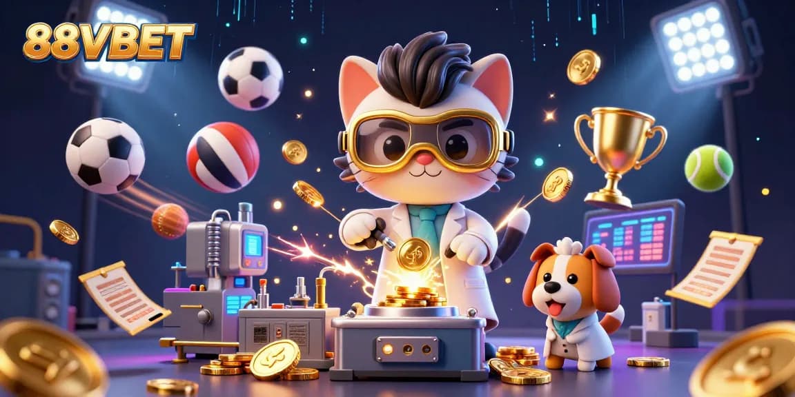 Bet on 88VBET with a mad scientist cat creating a gold-coin machine surrounded by dynamic sports elements.