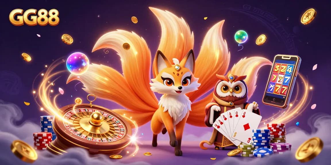 Engage with GG88's vibrant gaming world featuring a colorful nine-tailed fox and fortune elements.