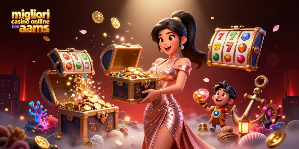 Migliori casinò online non AAMS che mostrano una donna asiatica gioiosa mentre presenta un forziere di ricchezze da casinò.