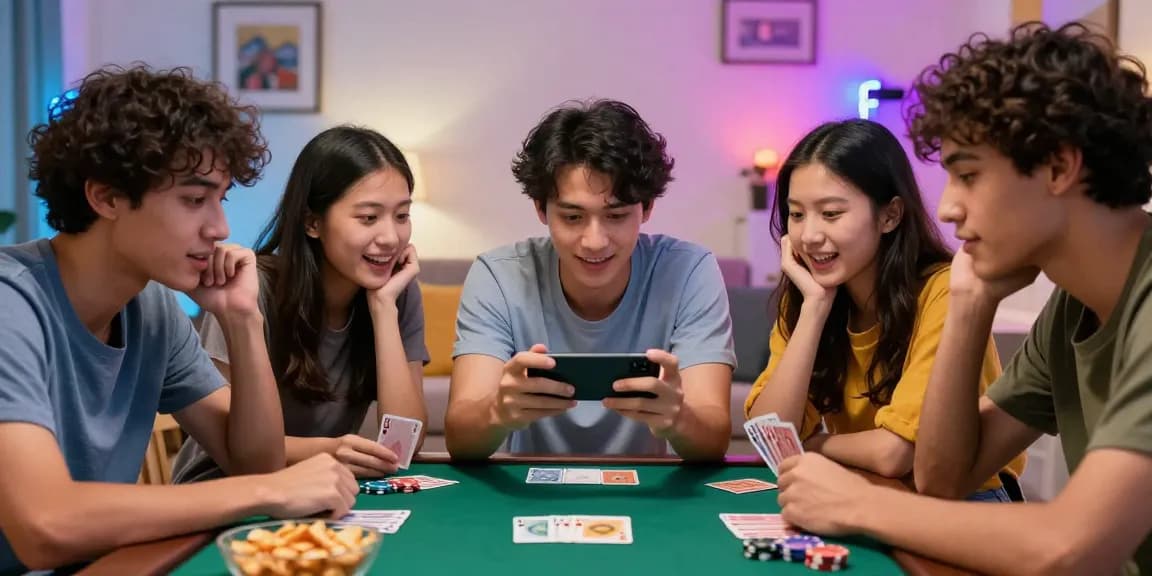 Friends gather to Start here playing Teen Patti Gold, enjoying a competitive gaming atmosphere in a lively living room.