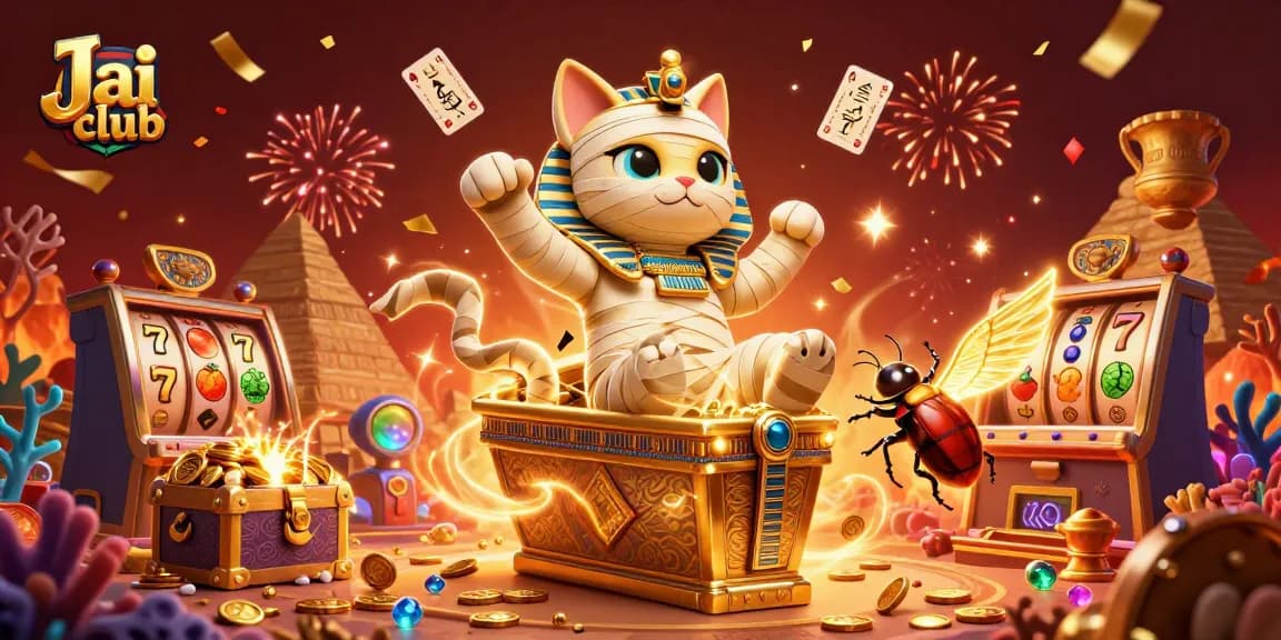 Play exciting games on Jai club with a vibrant, dynamic illustration featuring a mummy cat and glowing elements.