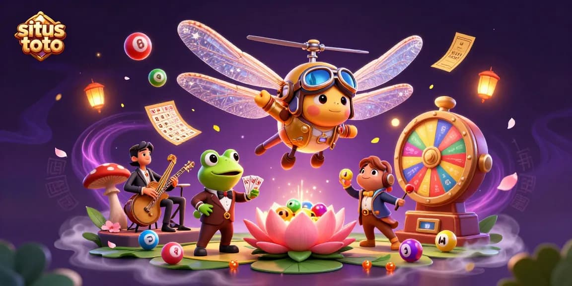 Engage with situs toto in a vibrant casino scene featuring animated characters and dynamic lottery elements.
