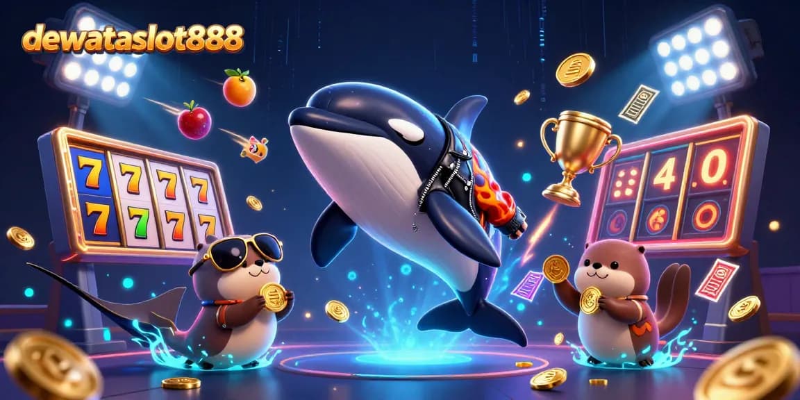 Menangkan jackpot di dewataslot888 dengan bermain slot online, dikelilingi koin emas dan simbol buah.