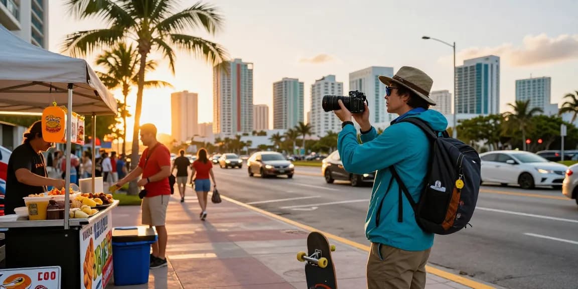 Orang menikmati suasana kota Miami saat matahari terbenam di https://miami4d.com/ dengan pemandangan landmark ikonik.