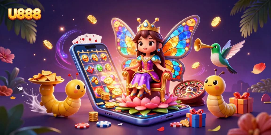 Engage with U888 in this vibrant casino-themed 3D illustration showcasing exciting game elements.