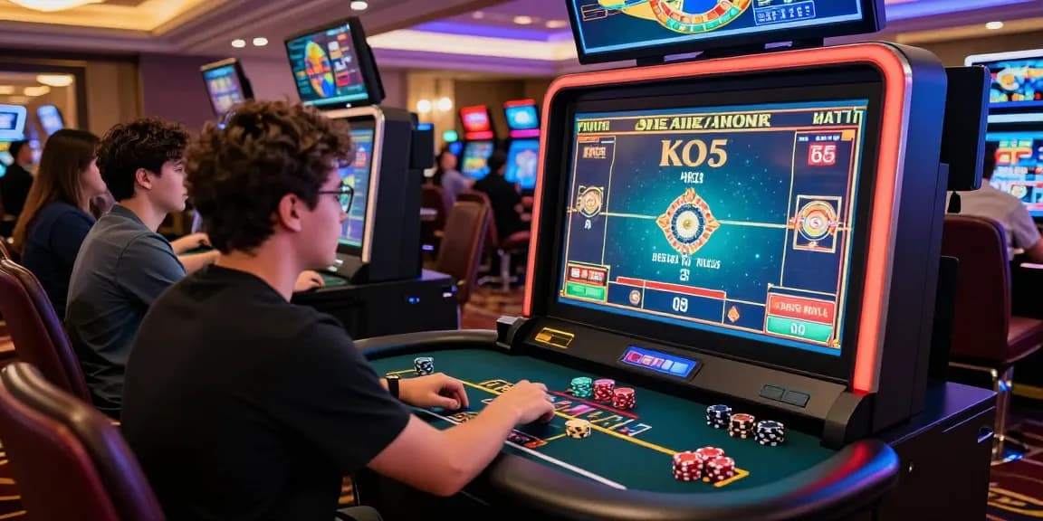 Exciting KO66 casino gaming scene with player focused on a vibrant gaming station amid dynamic casino lights.