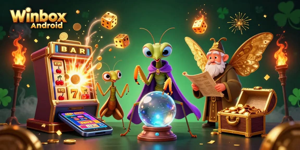 Winbox Android app download illustration showing vibrant casino elements and characters for gambling success.