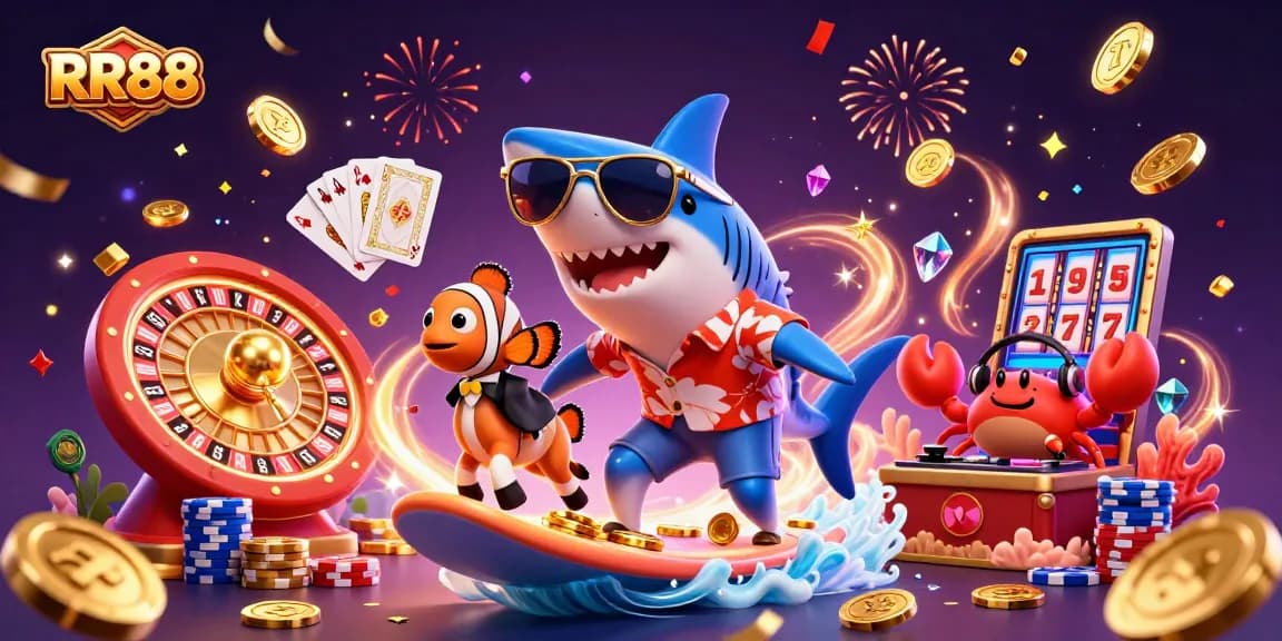 Experience the thrilling world of RR88 casino with vibrant characters surfing on gold coins and interactive gaming elements.