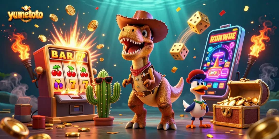 Experience winning with yumetoto's dynamic slots and jackpots in a vibrant, colorful scene.