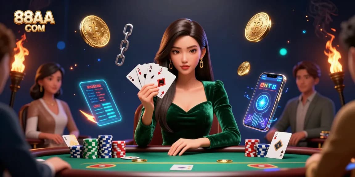Experience thrilling gameplay at 88AA COM with a stylish poker scene featuring crypto elements.