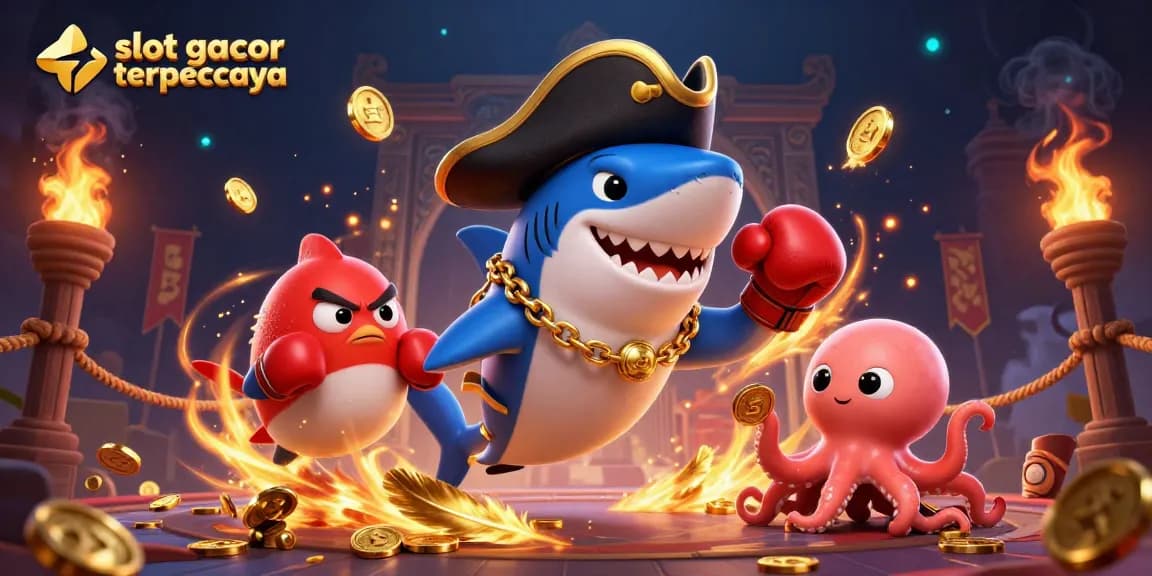 Slot gacor terpercaya menghadirkan ilustrasi kartun menawan dengan karakter laut yang kaya akan koin emas.