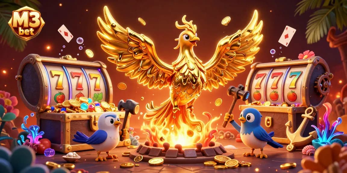 M3 bet showcases an energetic casino scene with a molten golden phoenix and vibrant slot elements.