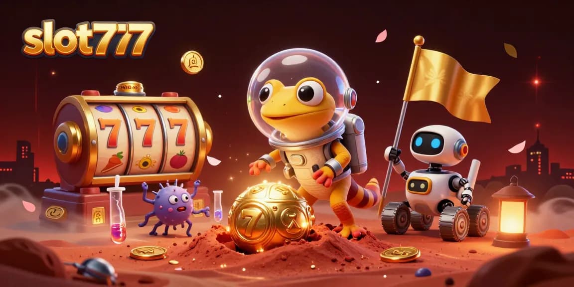 Experience slot777 excitement through a 3D Martian gecko discovering a golden casino on Mars.