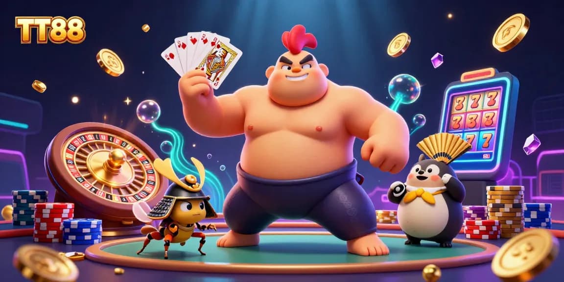Engage with TT88's lively casino atmosphere featuring sumo rooster and vibrant gaming elements.