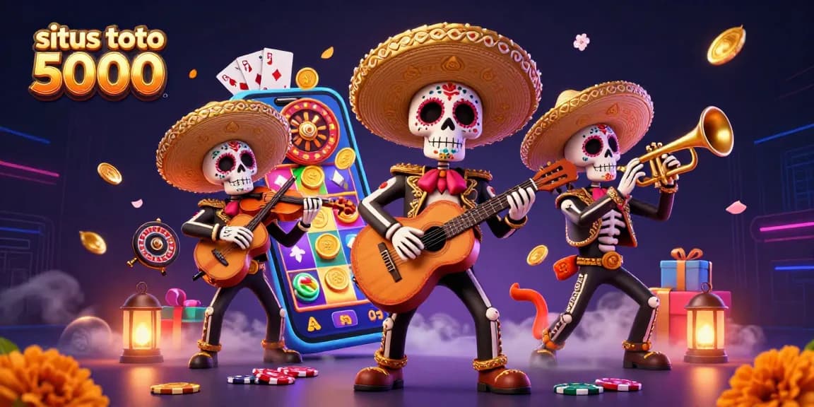Experience excitement with situs toto 5000 as skeleton mariachi musicians blend with vibrant gambling elements.