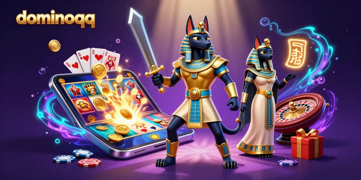 Engage in thrilling dominoqq gameplay with a vibrant casino-themed 3D illustration featuring Anubis and Bastet.