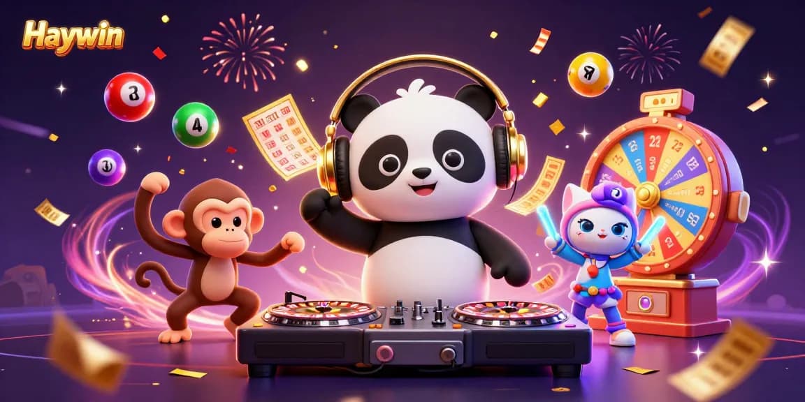 Experience the excitement of Haywin with a vibrant 3D illustration of a DJ panda and friends at a thrilling casino scene.