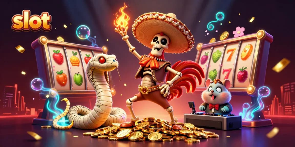 Spin vibrant slot reels with a dynamic scene featuring a mariachi rooster, mummy snake, and DJ hamster.