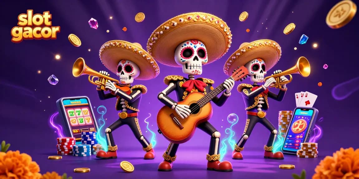 Experience thrilling slot gacor action with a vibrant Dia de los Muertos mariachi band in this colorful 3D illustration.