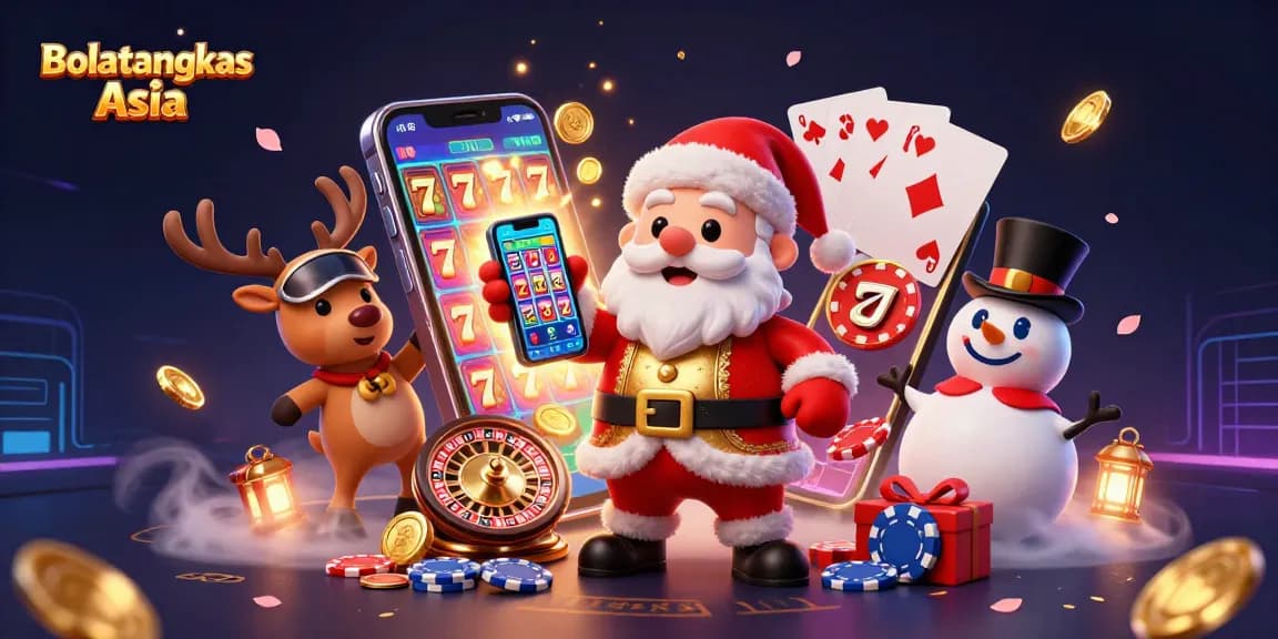 Engage in thrilling gameplay with Bolatangkas Asia featuring cartoon Santa, reindeer dealer, and poker chip snowman.