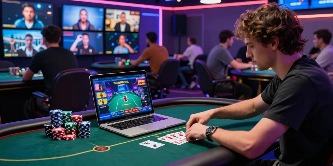 Engaged player participating in Game Poker Uang Asli Dominobet at a virtual poker table, showcasing vibrant gameplay atmosphere.