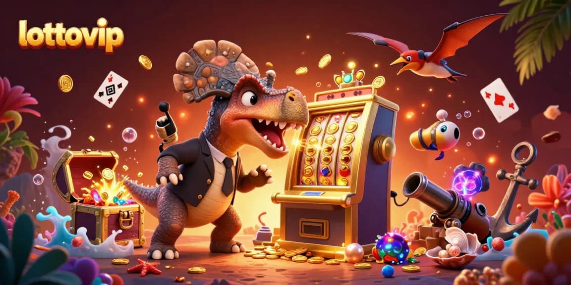 LOTTOVIP menampilkan dinosaurus pachycephalosaurus bermain slot emas, mengumpulkan koin jackpot.