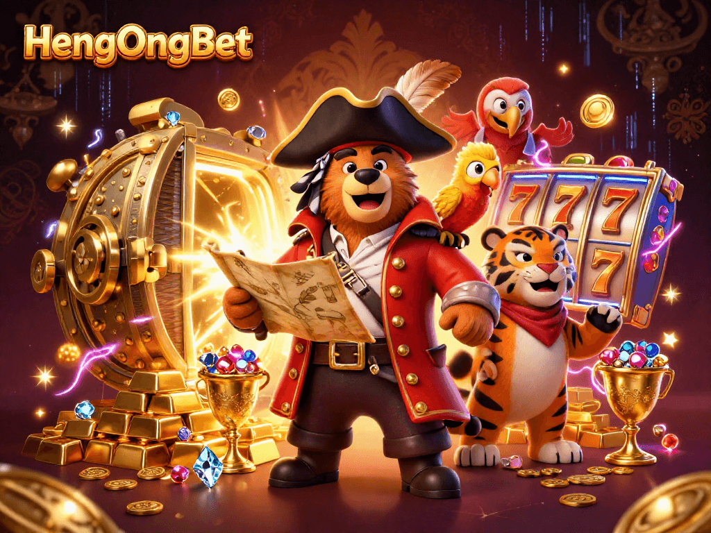 Engage with HengOngBet's vibrant casino scene, showcasing characters amidst treasures and slot reels.