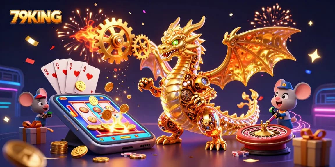 Experience thrilling gaming moments with 79KING's dynamic golden dragon and virtual casino elements.