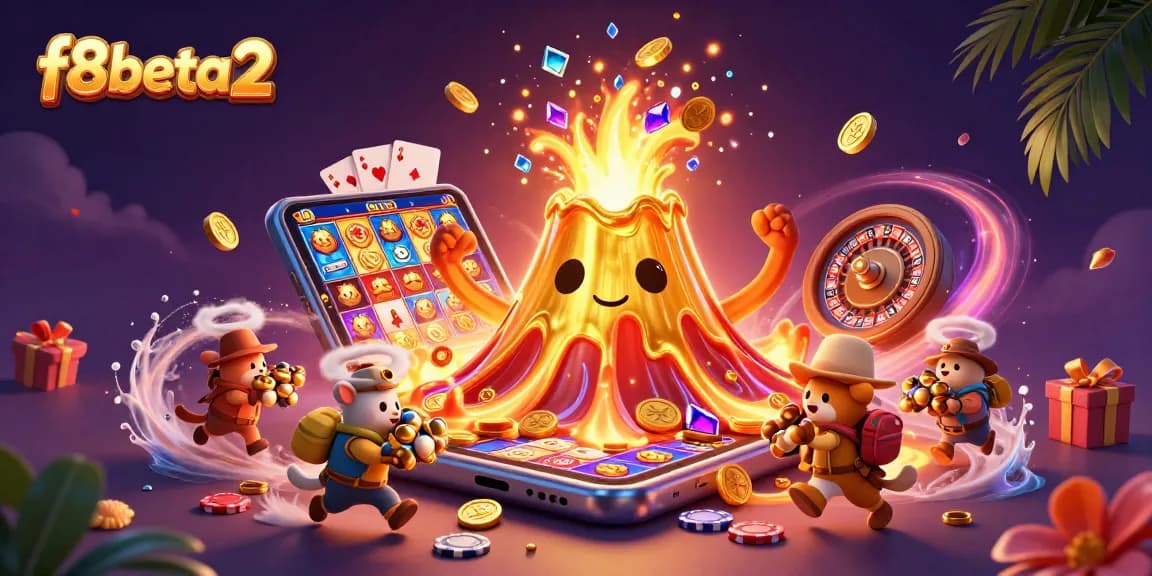 Spin to win with f8beta2 as the golden volcano erupts treasure in a vibrant casino scene.