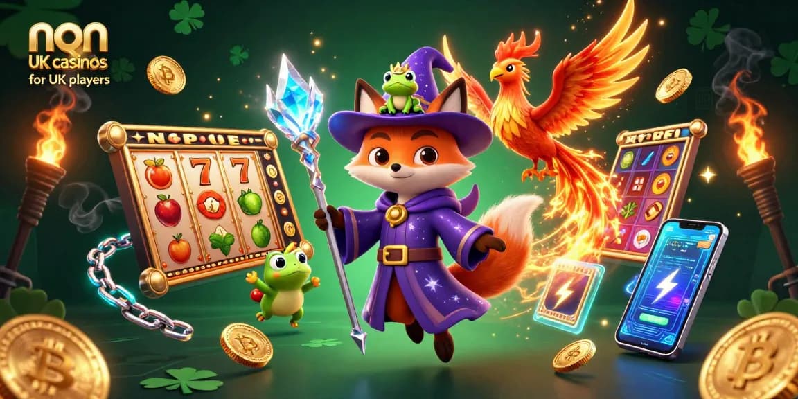 Engaging scene showcasing non UK casinos for UK players with mystical characters and vibrant gaming elements.
