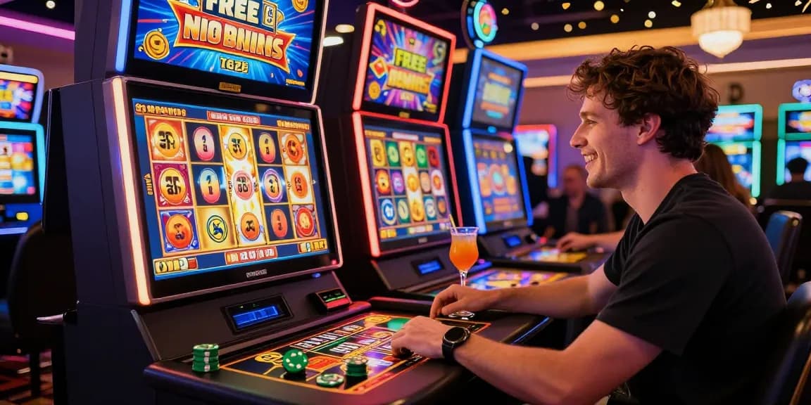 Player enjoying a Free No Deposit Bonus while using vibrant slot machines, showcasing the excitement of online casinos.