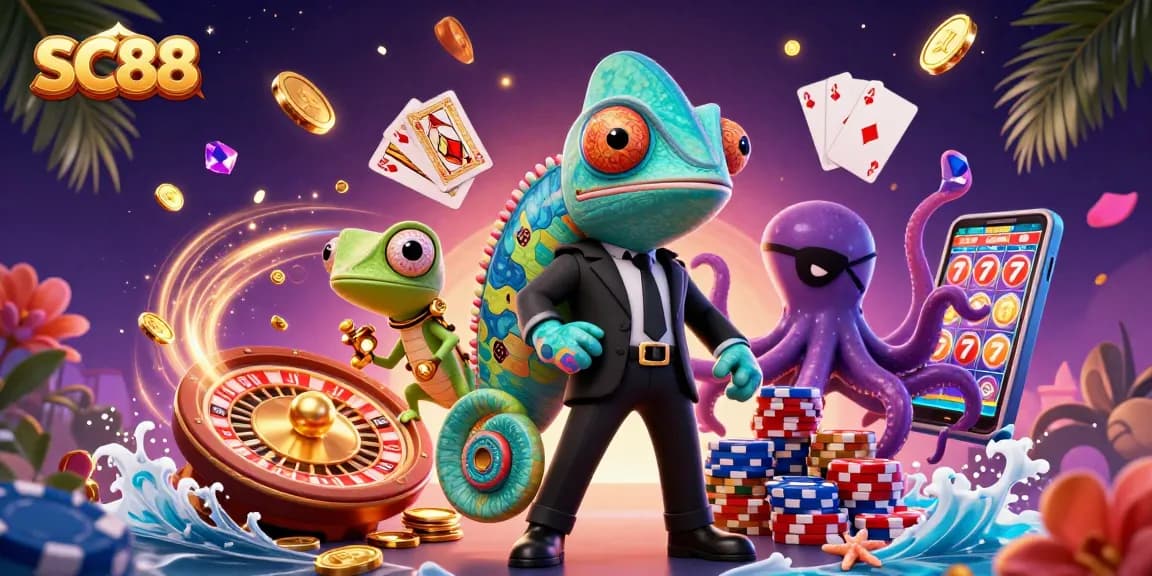 Experience exhilarating SC88 gaming with characters, vibrant casino elements, and dynamic action.