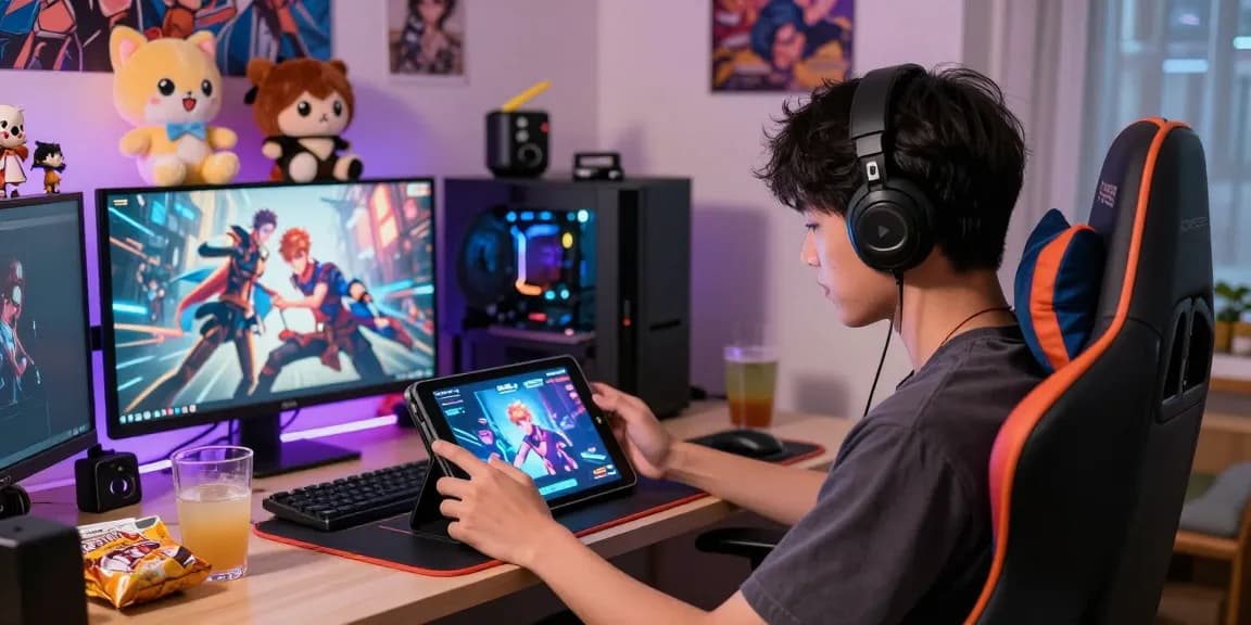 Engaged player enjoying an android hentai game in a vibrant gaming room filled with tech and collectibles.
