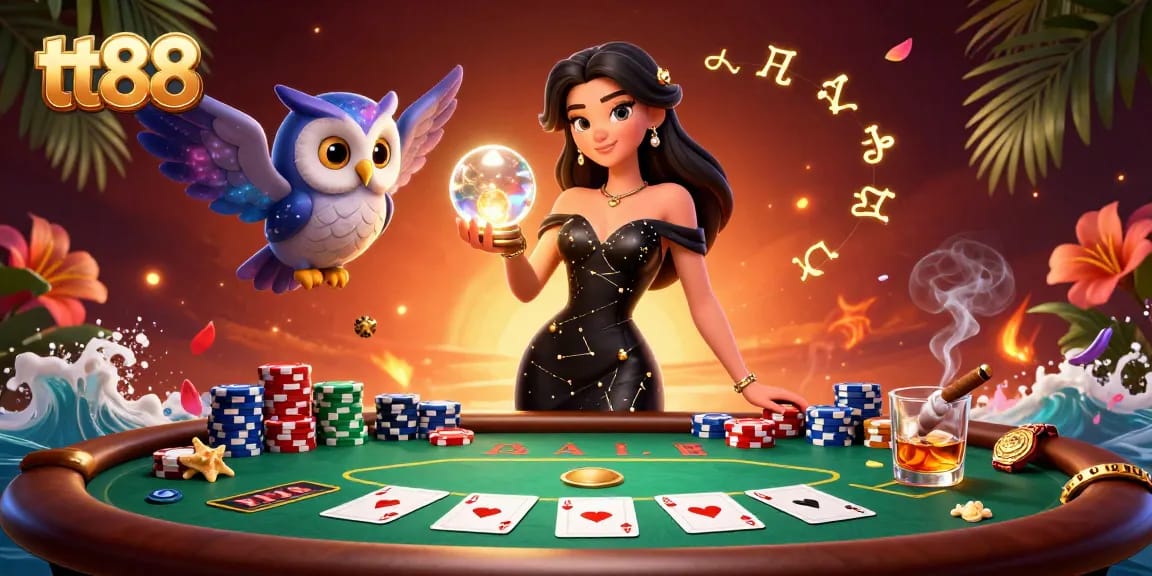 Experience tt88 with vibrant poker action featuring a stunning woman and mystical owl in a dynamic casino scene.