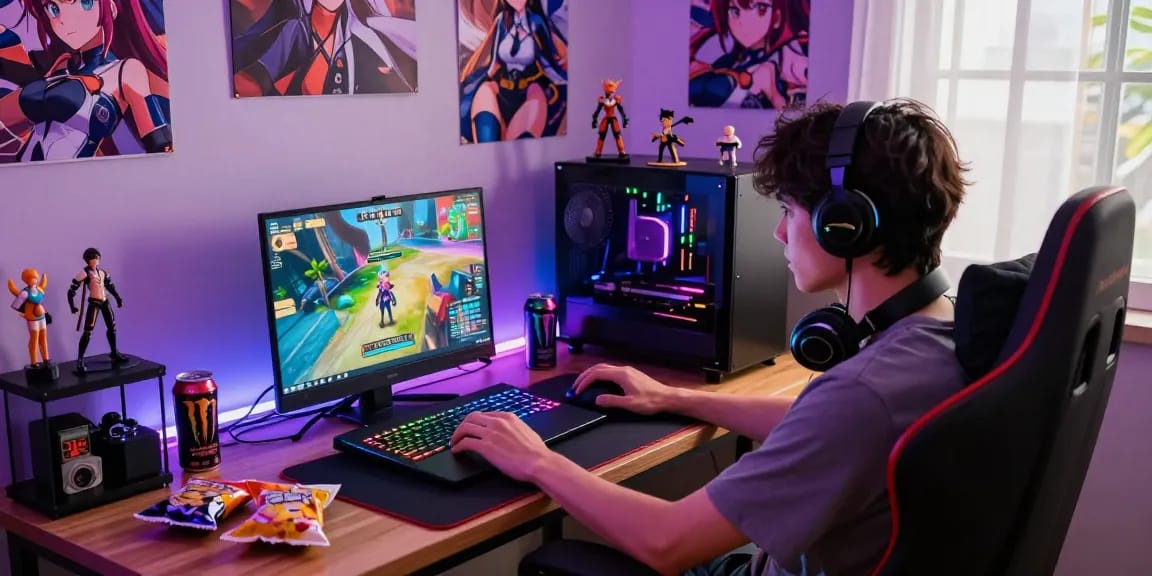 Enjoying popular hentai games in a vibrant gaming room with colorful decor.