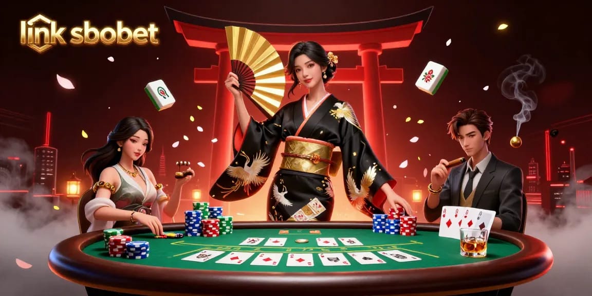 Place your bets on link sbobet with an elegant Asian woman in an artistic casino scene.
