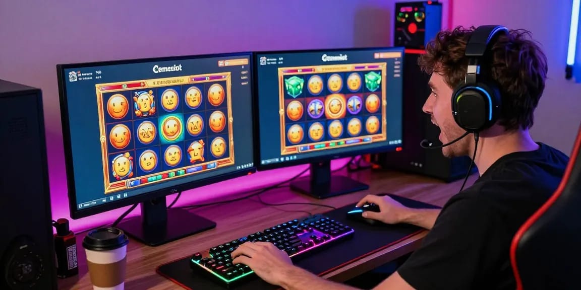 Exciting gaming moment with Link Alternatif Cemeslot featured on dual monitors and vibrant atmosphere.