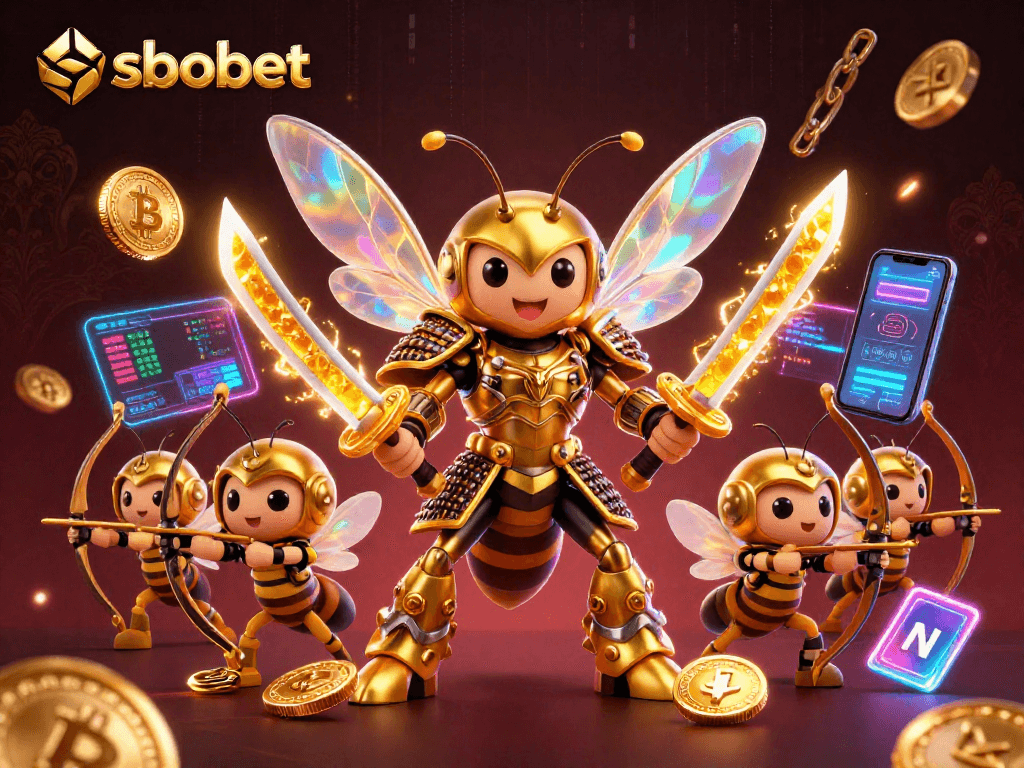 Enjoy sbobet betting action with a vibrant scene of unique characters and glowing coins!